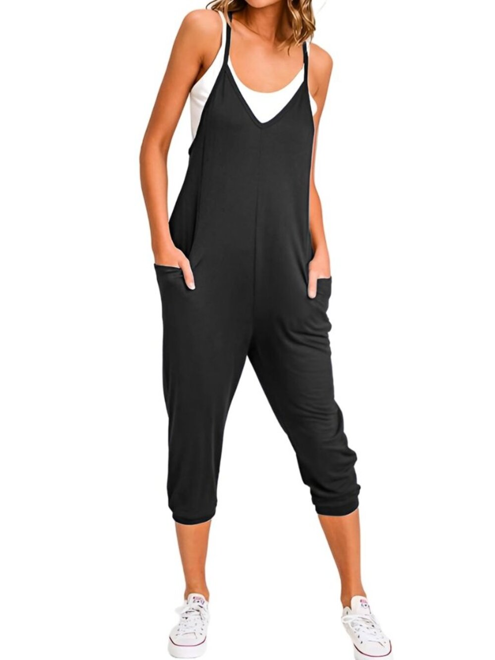 Women's Deep V Neck Jumpsuit Adjustable Spaghetti Strap Skinny Leg Jumpsuit